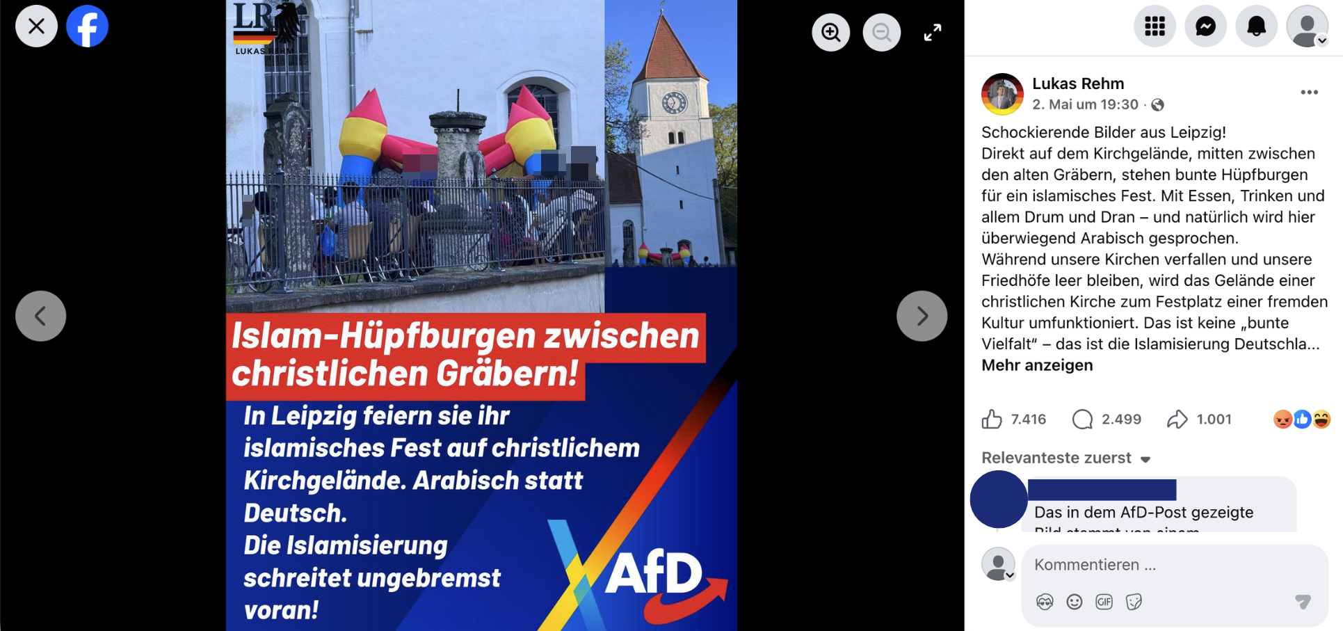 Screenshot eines Facebook-Beitrags des AfD-Politikers Lukas Rehm