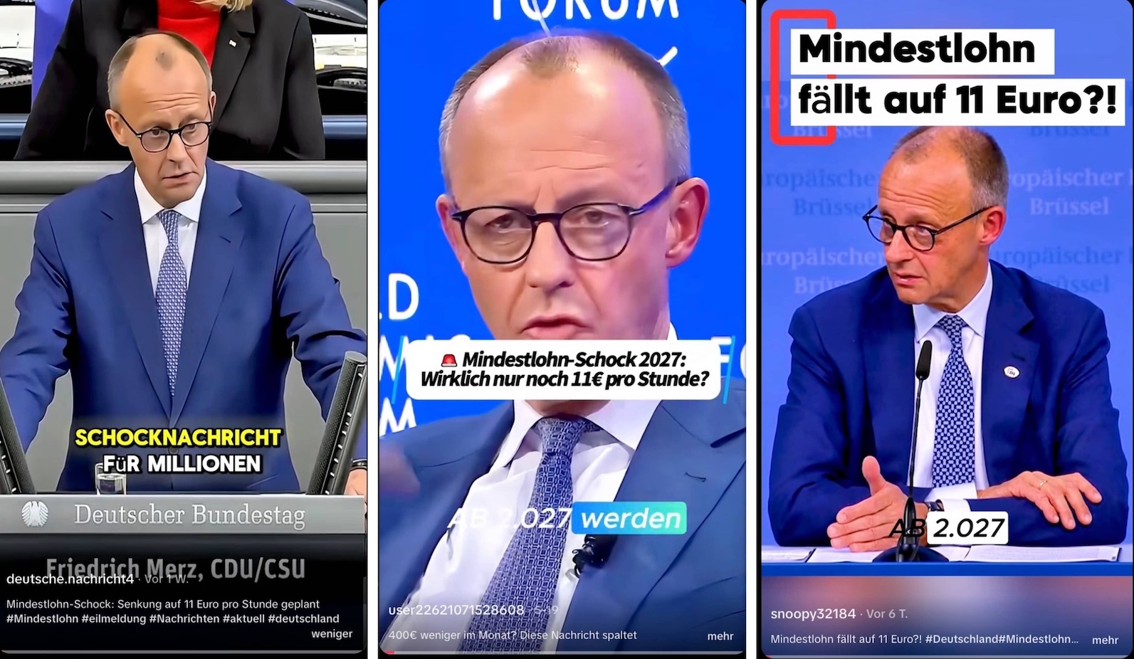 Collage von drei Tiktok-Fake-Beiträgen, die Friedrich Merz auf unterschiedlichen Veranstaltungen zeigen, während derselbe Satz zu hören ist