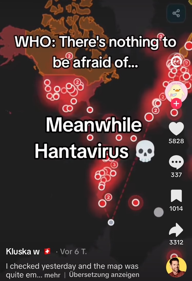 Videos, wie dieses auf Tiktok, zeigen eine Weltkarte, die angeblich Hantavirus-Fälle ausweist. Doch das stimmt nicht. (Quelle: Tiktok; Screenshot: CORRECTIV.Faktencheck)