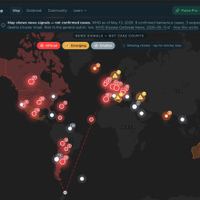 Diese Karte wird in Sozialen Netzwerken falsch interpretiert. Die Punkte zeigen keine Hantavirus-Fälle, sondern sollen die Nachrichtenlage zum Hantavirus abbilden. (Quelle: hantavirusmap.com / Powerminds; Screenshot: CORRECTIV.Faktencheck)