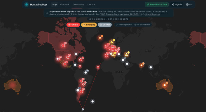 Diese Karte wird in Sozialen Netzwerken falsch interpretiert. Die Punkte zeigen keine Hantavirus-Fälle, sondern sollen die Nachrichtenlage zum Hantavirus abbilden. (Quelle: hantavirusmap.com / Powerminds; Screenshot: CORRECTIV.Faktencheck)