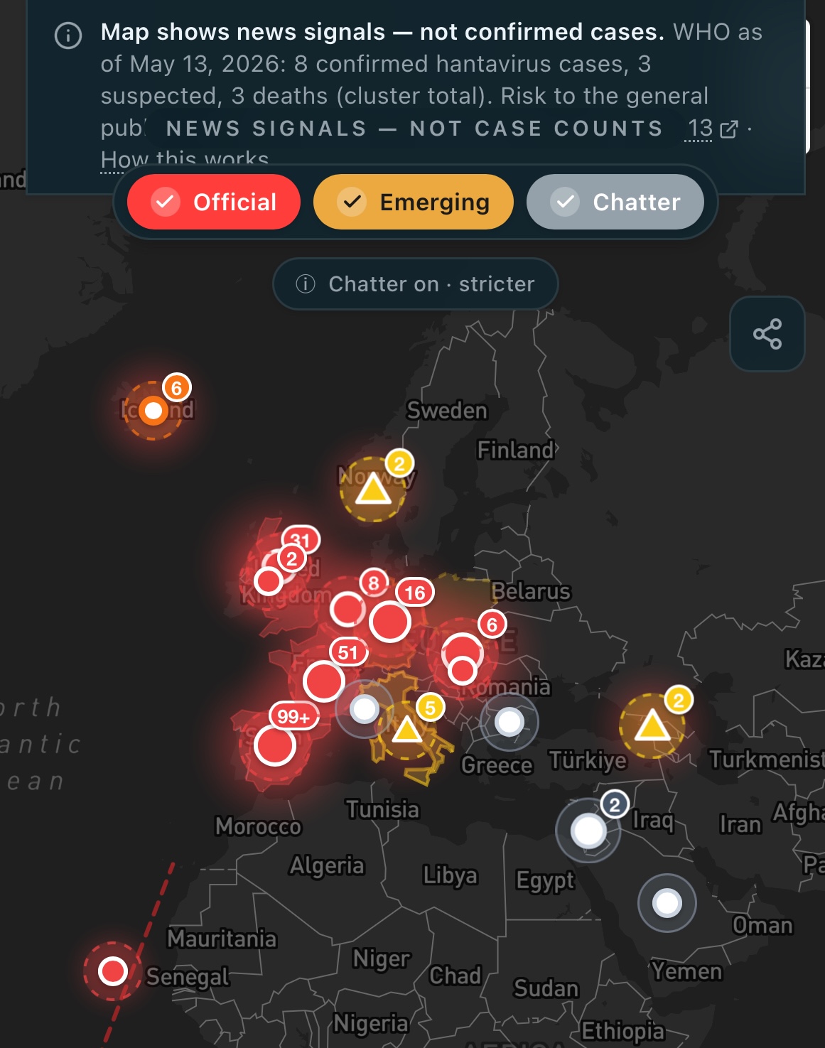 Inzwischen steht auf der Webseite ein Hinweis zu der Karte, wonach darin keine bestätigten Hantavirus-Fälle angezeigt sind, sondern „Nachrichtensignale“, also die Anzahl an Nachrichten zum Hantavirus (Quelle: hatavirusmap.com; Screenshot: CORRECTIV.Faktencheck)
