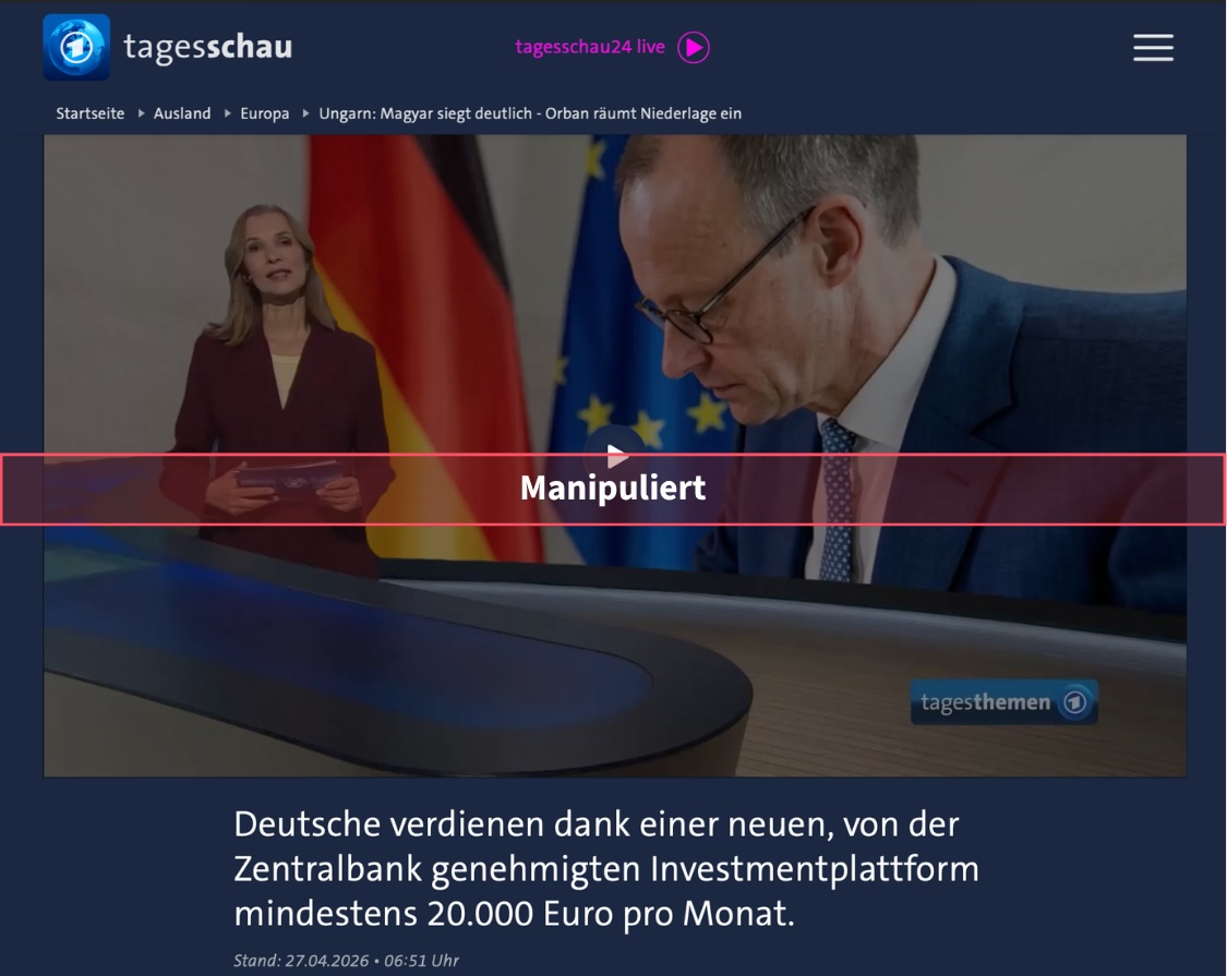 Über den Link in der Tiktok-Werbeanzeige landet man auf einer gefälschten Tagesschau-Webseite (Quelle: ousugid.space; Screenshot und Collage: CORRECTIV.Faktencheck)