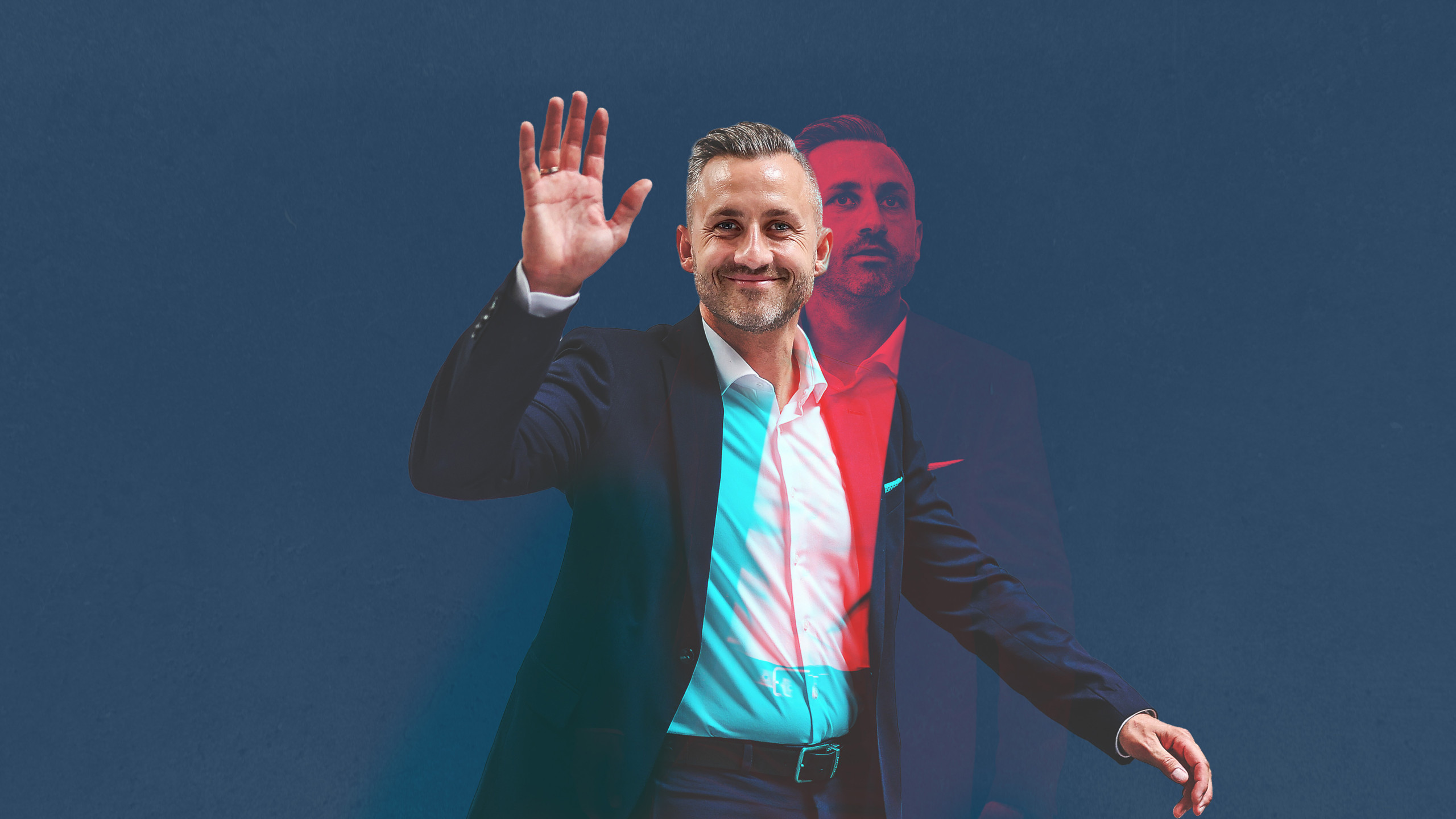 Ulrich Siegmund, AfD-Spitzenkandidat in Sachsen-Anhalt, winkt in die Kamera. Seine Silhouette ist auch zu sehen, deutlich ernster und in rot gehalten.