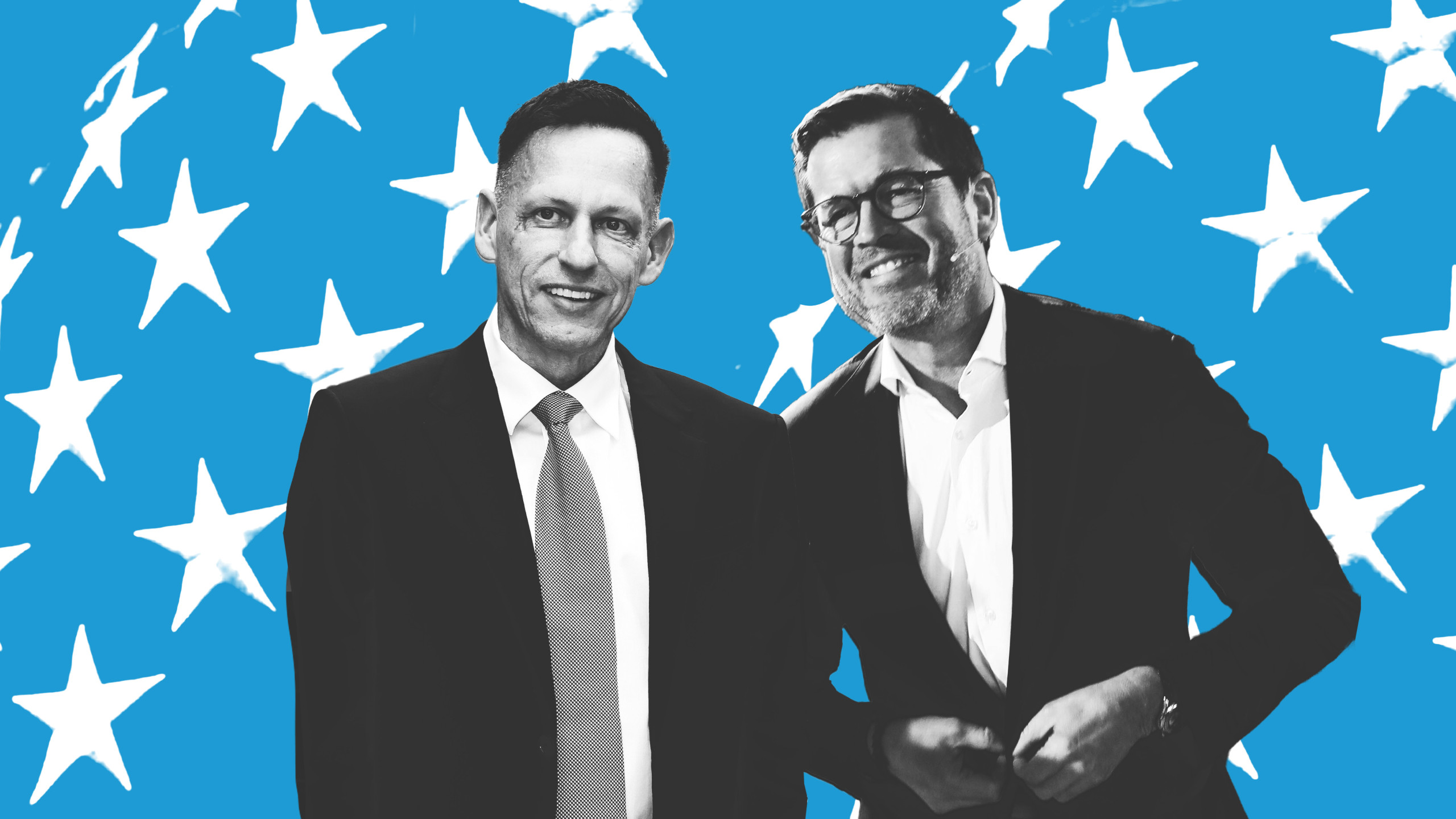 Collage von Peter Thiel und Karl-Theodor zu Guttenberg: Peter Thiel bezeichnete Karl-Theodor von Guttenberg (KTG) 2018 als seinen „persönlichen Freund.“ Seit diesem Frühjahr sitzt KTG im Verwaltungsrat von Bitpanda, einem Wiener Krypto-Unternehmen – der Trump-Vertraute Thiel ist der größte Investor