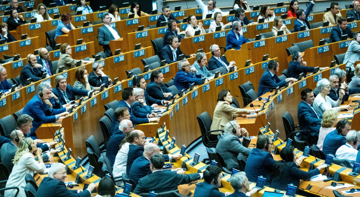 Der Plenarsaal des Europäischen Parlaments in Brüssel während einer Sitzung im Mai 2025.