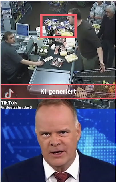 Den Deepfake erkennt man unter anderem daran, dass die Einkaufswaren auf dem Kassenband ineinander verschmelzen (Quelle: Tiktok; Screenshot und Markierung: CORRECTIV.Faktencheck)