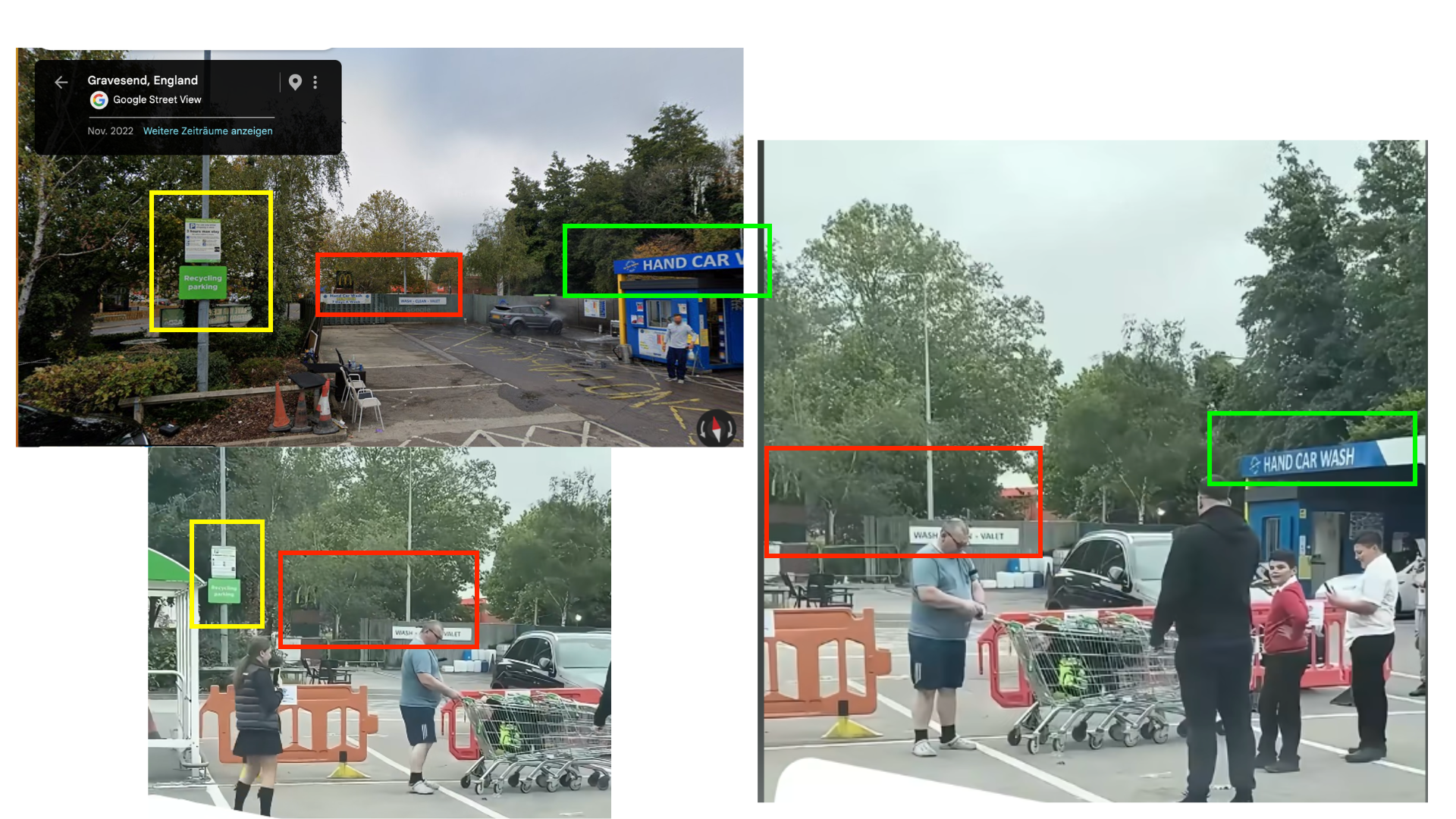 Ausschnitte aus dem online kursierenden Video und Bilder von Google Street View.
