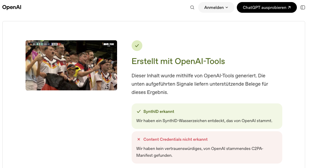 Einschätzung von OpenAI dazu, dass das Bild eine SynthID enthält.