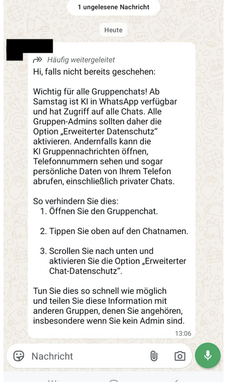 Screenshot des Kettenbriefs auf Whatsapp