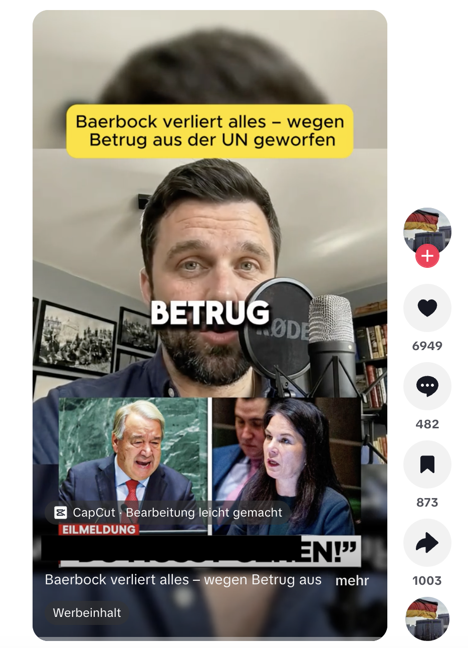 Auf Tiktok erreichte ein Video mit der Falschbehauptung über Baerbock rund 7.000 „Gefällt mir“-Angaben