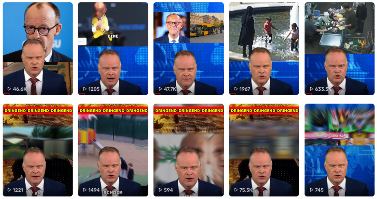 Ein Ausschnitt der Deepfakes mit Christian Sievers, die alle auf demselben Tiktok-Profil im Mai und Juni 2026 veröffentlicht wurden, inzwischen sind sie gelöscht (Quelle: Tiktok; Screenshot und Collage: CORRECTIV.Faktencheck)