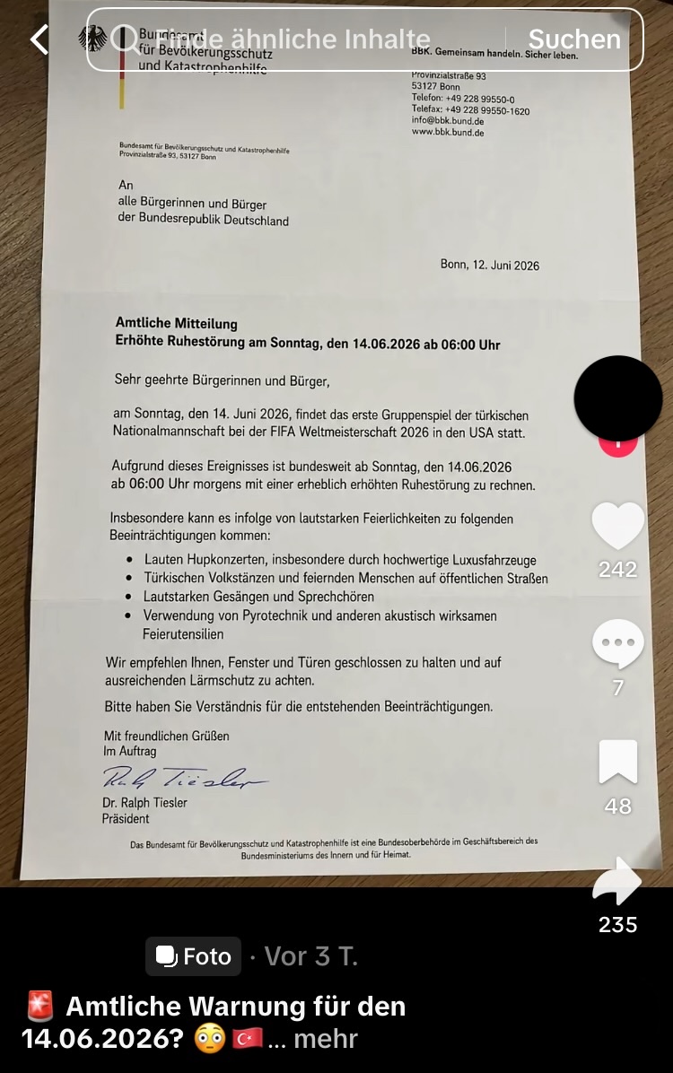 Auf Tiktok verbreitet sich ein gefälschtes Schreiben des Bundesamts für Bevölkerungsschutz und Katastrophenhilfe (Quelle: Tiktok; Screenshot und Schwärzungen: CORRECTIV.Faktencheck)