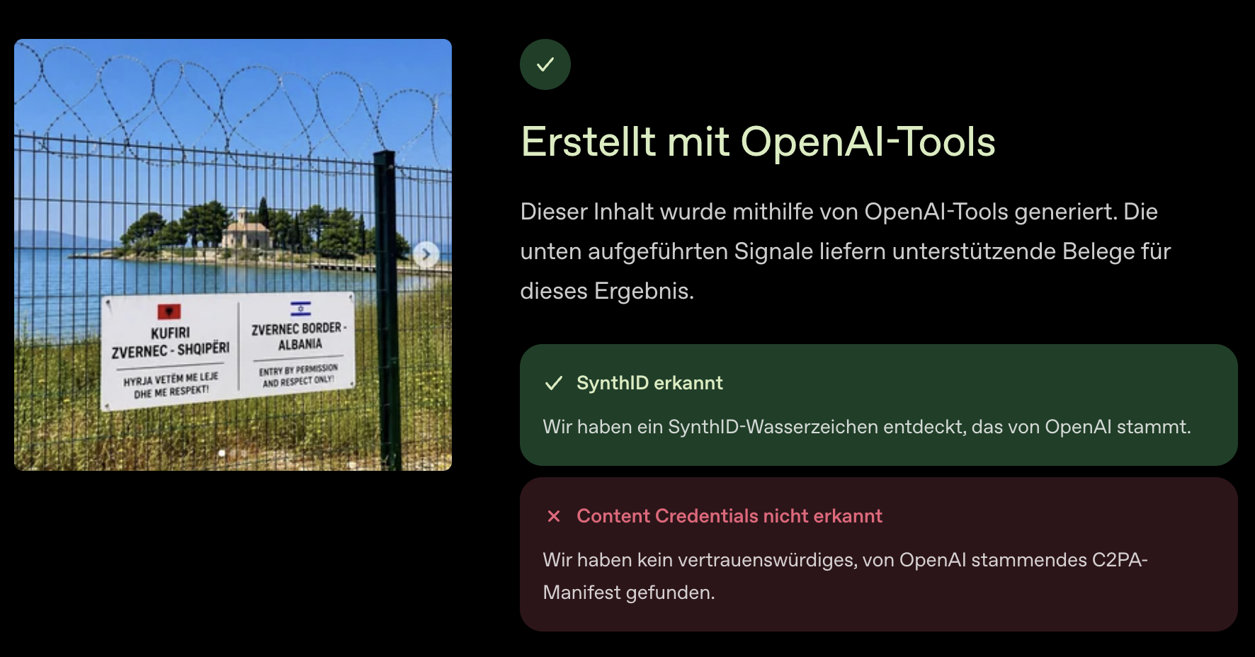 Das Verifizierungstool von OpenAI hat bei dem angeblichen Bild aus Zvërnec eine SynthID erkannt, was auf die Nutzung von Künstlicher Intelligenz hindeutet