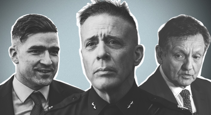 Portrait-Collage aus drei männlichen Personen: Der Rechtsextremist Martin Sellner, der frühere ICE-Chef Gregory Bovino und der AfD-Bundesvorstand Kay Gottschalk (vlnr.)