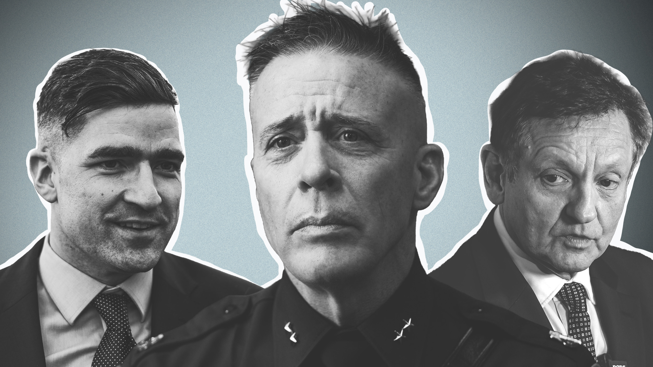 Portrait-Collage aus drei männlichen Personen: Der Rechtsextremist Martin Sellner, der frühere ICE-Chef Gregory Bovino und der AfD-Bundesvorstand Kay Gottschalk (vlnr.)