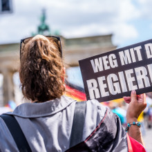 Eine Frau auf einer Demo hält ein Schild mit der Aufschrift "Weg mit der Regierung“
