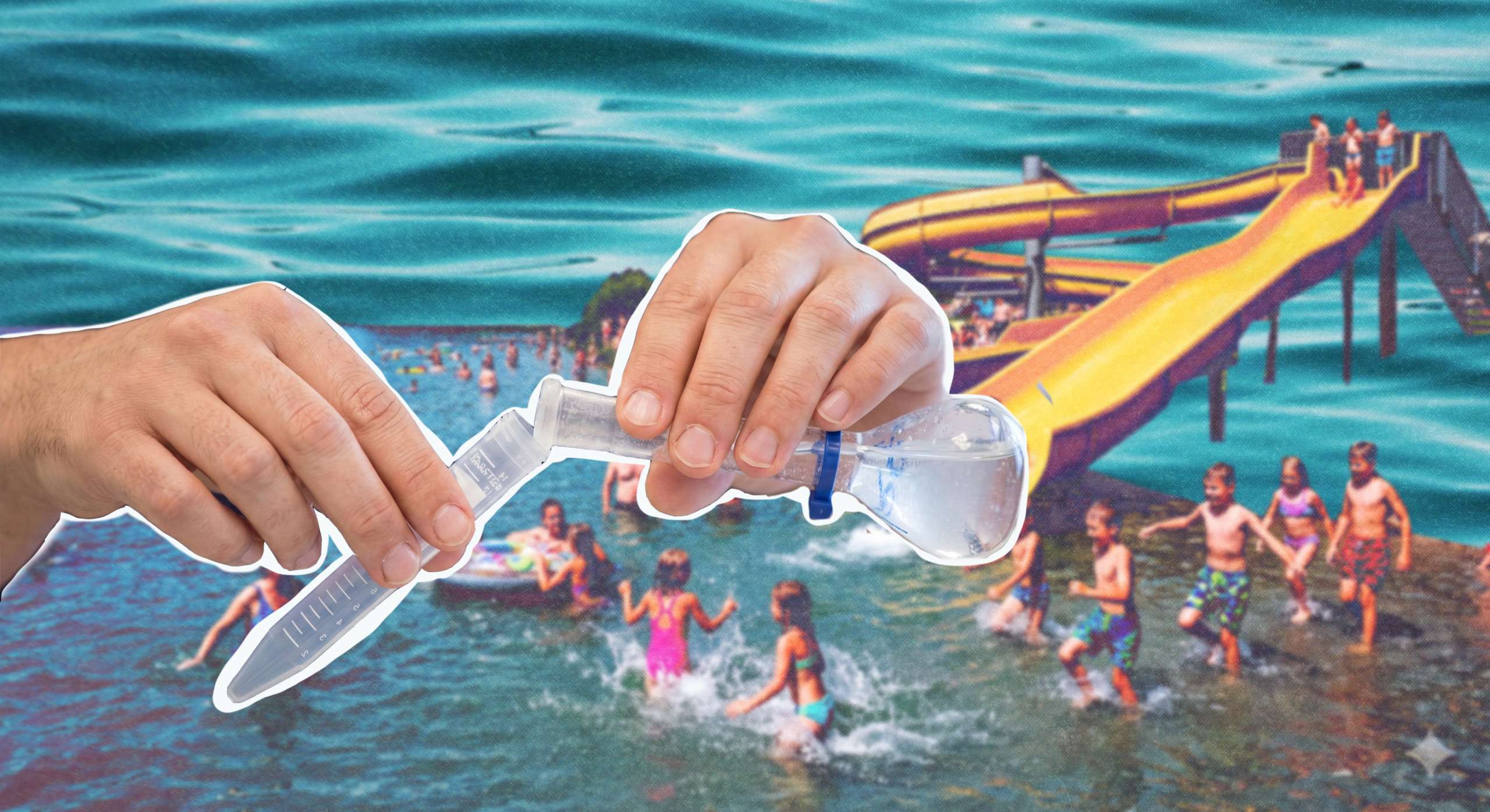 Offiziell “ausgezeichnet”, aber belastet: In Proben aus Badegewässern findet sich teils ein regelrechter Cocktail chemischer Schadstoffe. Collage: Ivo Mayr / CORRECTIV, Fotos: unsplash.com & KI-generiert