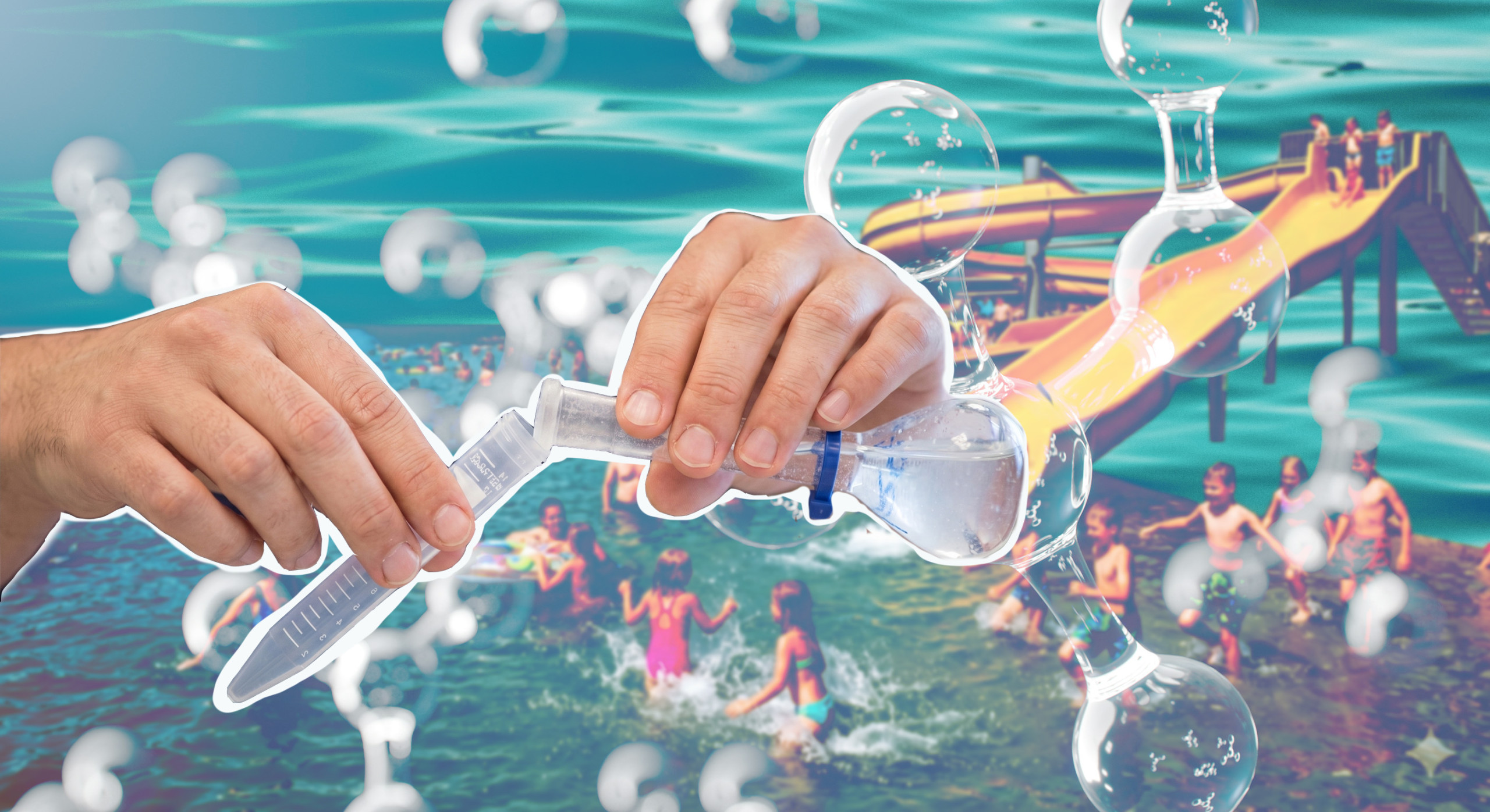 Officially rated “excellent,” but actually contaminated: Samples from some bathing waters contain a veritable cocktail of chemical pollutants. Collage: Ivo Mayr / CORRECTIV; Photos: Unsplash & AI-generated.