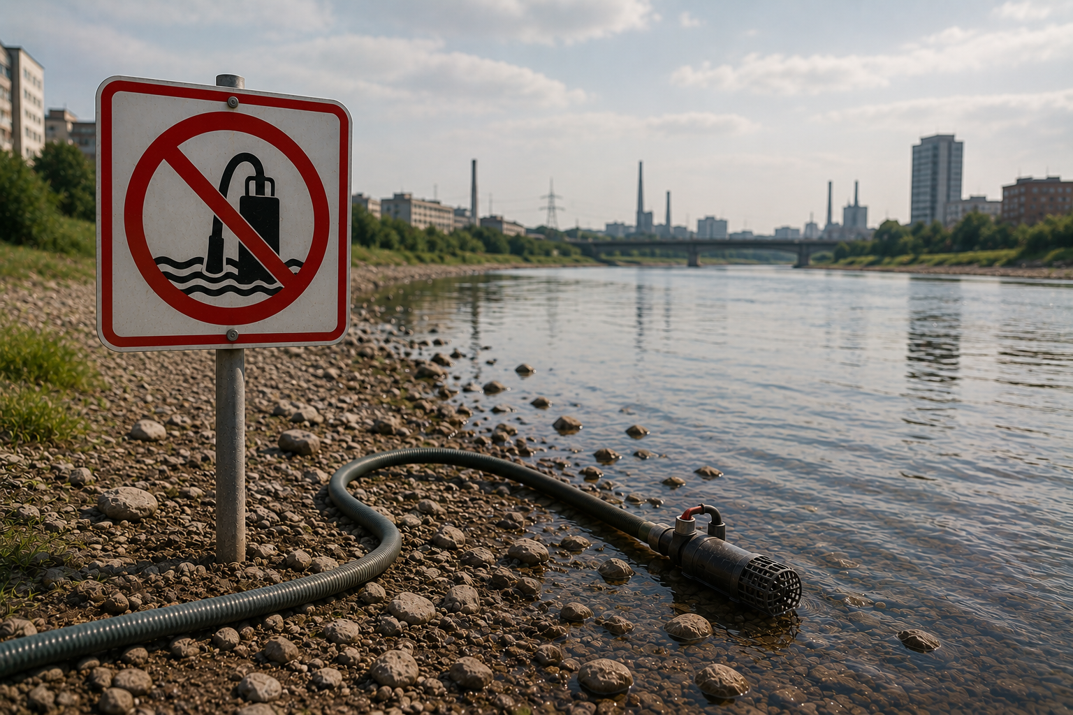 Das Bild zeigt einen Gartenschlauch am Fluss. Daneben steht ein Verbotsschild, auf dem eine durchgestrichene Wasserpumpe zu sehen ist. Das Bild ist KI-generiert.