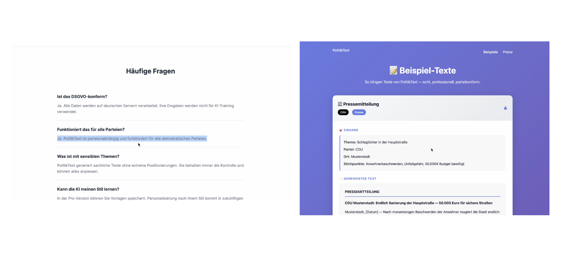 Zwei Screenshots des Webseitenprojekts im Aufbau, wo eindeutig anderen Parteien Dienste angeboten werden sollen. Das Projekt war bei Github des Nutzers „Bundesgambler“ angelegt. Nach Anfrage bei Mario Hau war es nicht mehr erreichbar.
