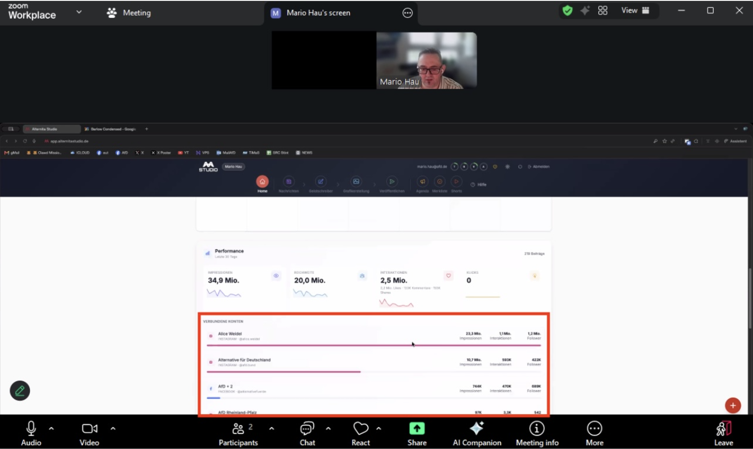 Screenshot während des Webinars mit Mario Hau. Er zeigt dem CORRECTIV Reporter, wie er Alice Weidels Account nutzt.