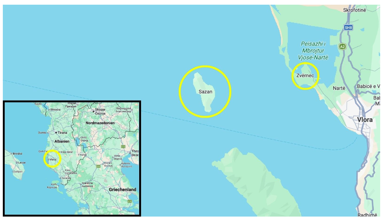 Die Gebiete Sazan und Zvërnec (gelbe Markierungen) liegen im und am Adriatischen Meer in Albanien