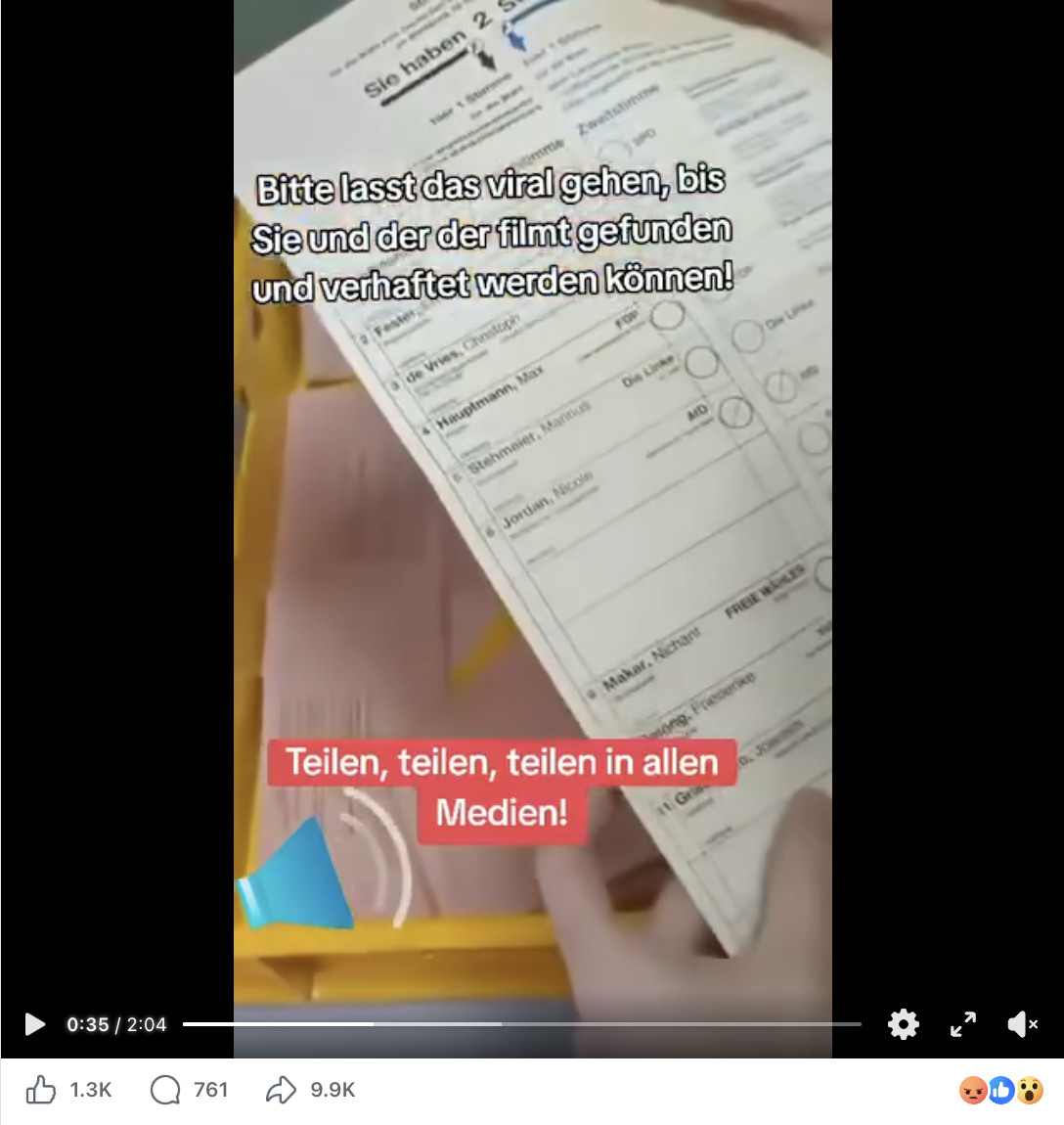 Nutzerinnen und Nutzer werden dazu aufgefordert, das Video zu teilen, das angeblich Wahlbetrug zu Lasten der AfD zeigt. Doch die im Video sichtbaren Wahlunterlagen sind gefälscht. (Quelle: Facebook; Screenshot: CORRECTIV.Faktencheck)