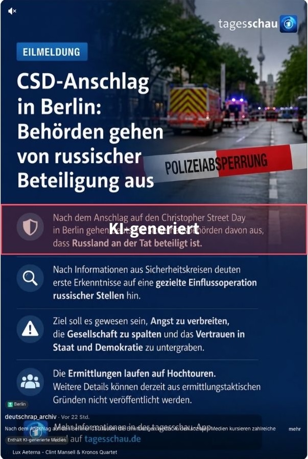 Der mutmaßliche Erstverbreiter veröffentlichte die Behauptung auf Tiktok. Dort wurde der Beitrag als KI-generiert gekennzeichnet. Bei der weiteren Verbreitung ging dieser Hinweis verloren. (Quelle: Tiktok; Screenshot: CORRECTIV.Faktencheck)