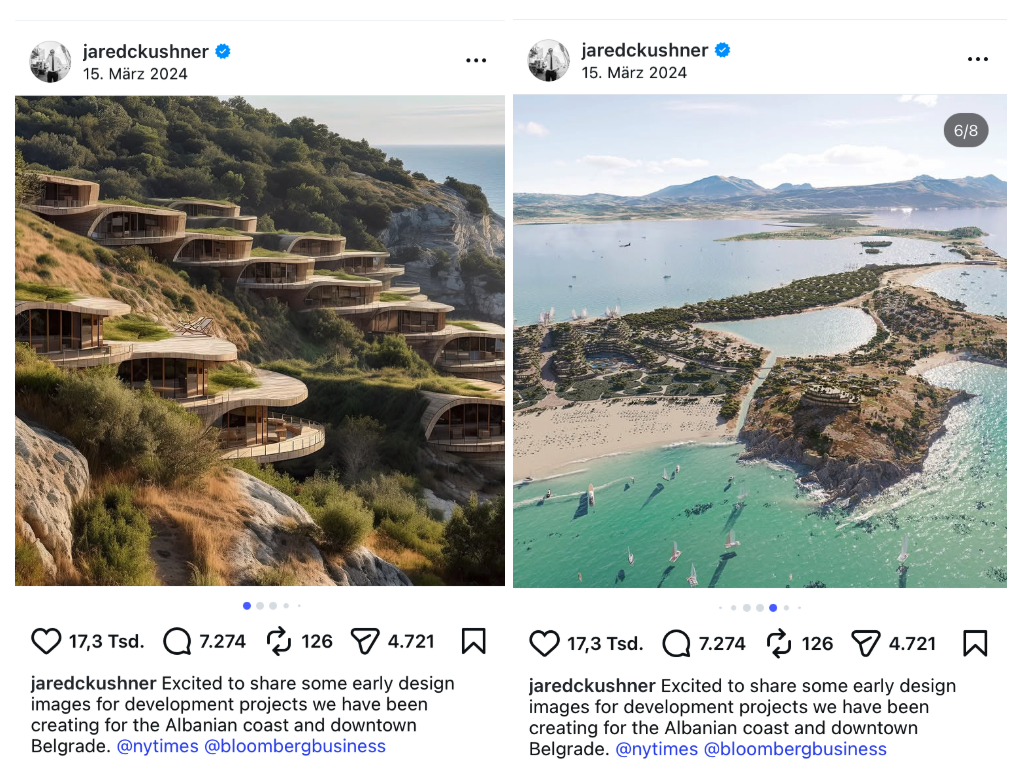 So könnten die Luxusresorts auf Sazan und in Zvërnec laut Jared Kushners Veröffentlichungen von 2024 aussehen