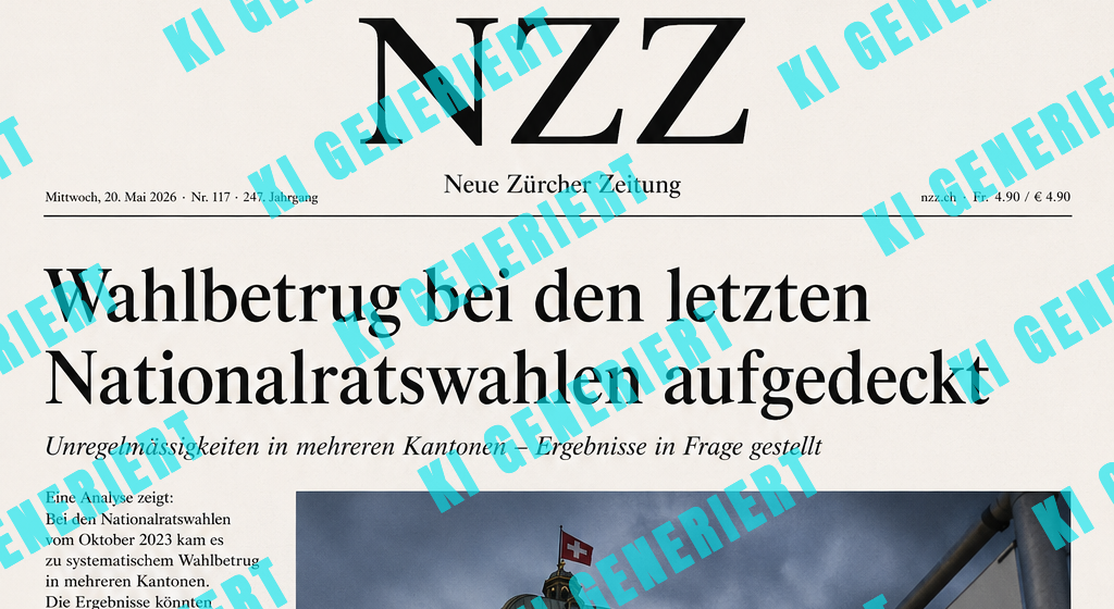 Eine von ChatGPT generiertze NZZ-Titelseite mit der Schlagzeile „Wahlbetrug bei den letzten Nationalratswahlen aufgedeckt“.