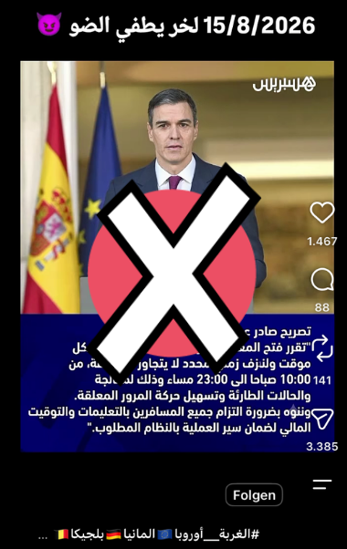 Die spanische Faktencheck-Redaktion berichtet von einer Falschmeldung, die sich konkret auf das Datum 15. August bezieht. CORRECTIV konnte derartige Beiträge noch am 12. August in Einzelfällen ausfindig machen. (Quelle: Instagram; Screenshot, Markierung und Unkenntlichmachung: CORRECTIV)