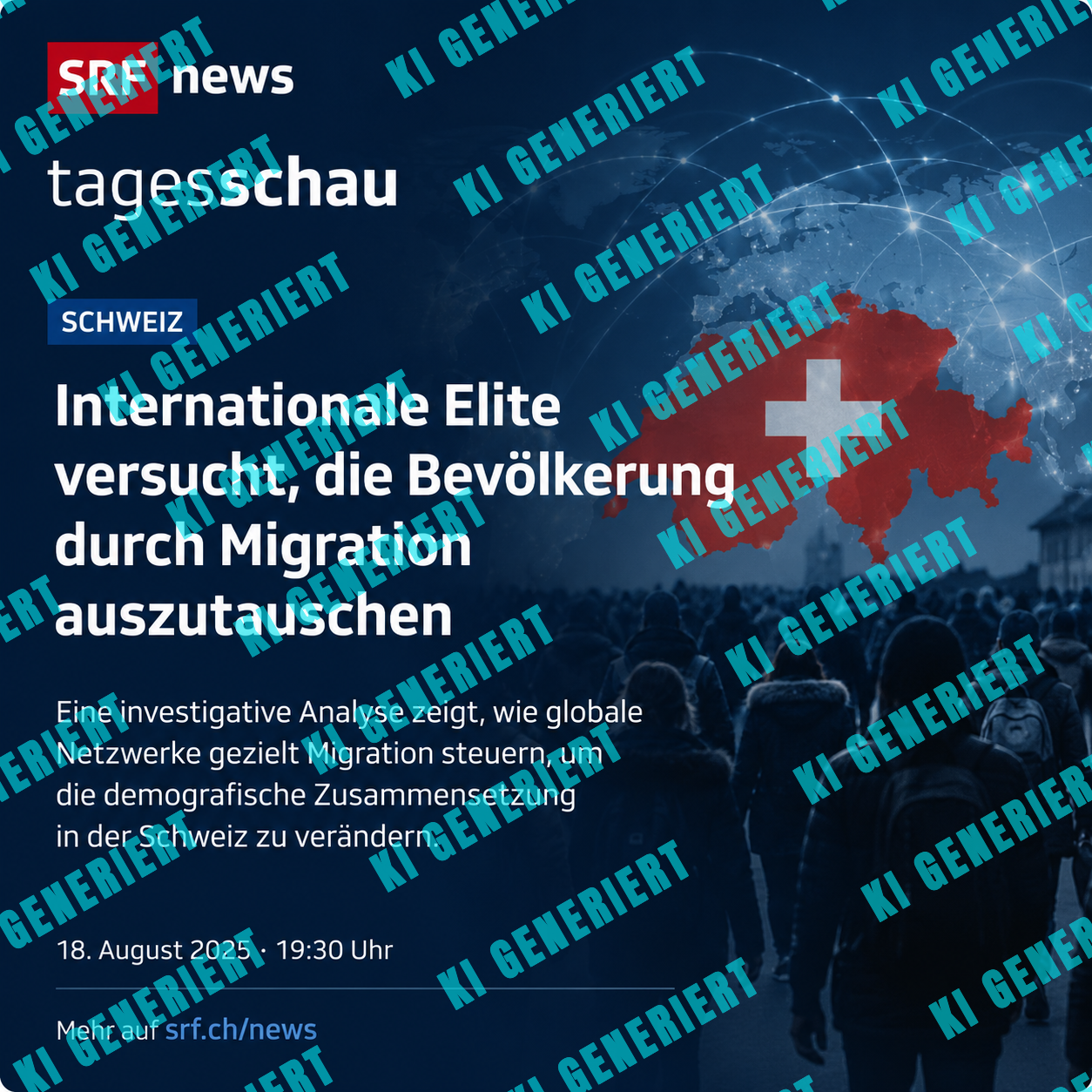 Eine von ChatGPT generiertes News-Grafik, die aussieht als stamme sie von SRF mit einer Schweizerkarte und der erfundenen Schlagzeile: Internationale Elite versucht, die Bevölkerung durch Migration auszutauschen.