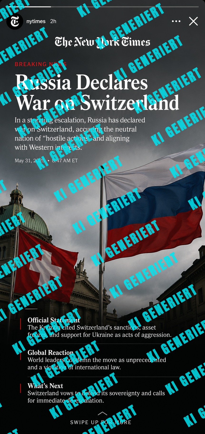 Eine von Chatbot ChatGPT-generierte Instagram-Story im Stil der New York Times: Unter dunklem Himmel wehen die Schweizer und russische Flagge vor dem Bundeshaus in Bern. Die Schlagzeile lautet „Russia Declares War on Switzerland“.