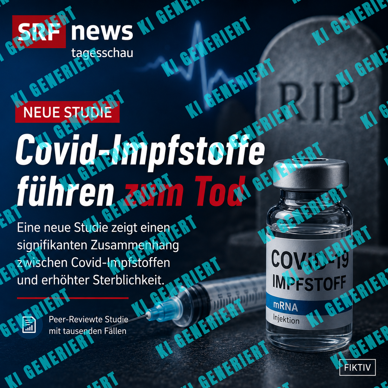 Eine von ChatGPT-generierte Nachrichtengrafik, die aussieht wie von SRF über Covid-Impfstoffe, mit Impfstofffläschchen, Spritze, Grabstein und der Schlagzeile „Covid-Impfstoffe führen zum Tod“. Unten rechts steht „fiktiv“.