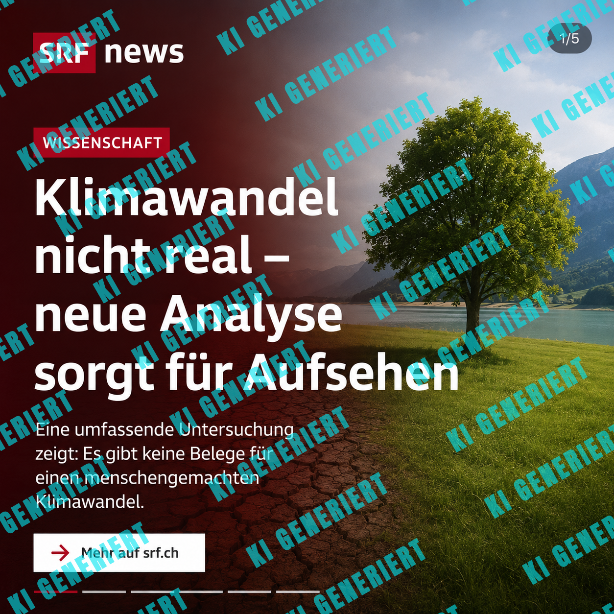Eine von ChatGPT generierte SRF-News-Kachel mit dem Titel „Klimawandel nicht real – neue Analyse sorgt für Aufsehen“. Zu sehen ist eine Landschaft mit trockenem, rissigem Boden auf der linken und einer grünen Wiese mit Baum, See und Bergen auf der rechten Seite.