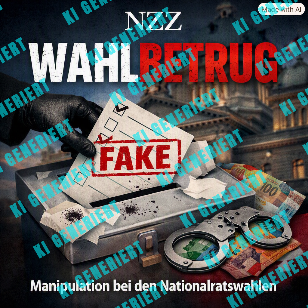 Eine von Microsoft Copilot generierte Grafik mit dem NZZ Logo und der Aufschrift „Wahlbetrug“. Eine behandschuhte Hand hält einen Wahlzettel auf dem „Fake“ steht über einer Wahlurne; daneben liegen Geldscheine und Handschellen.