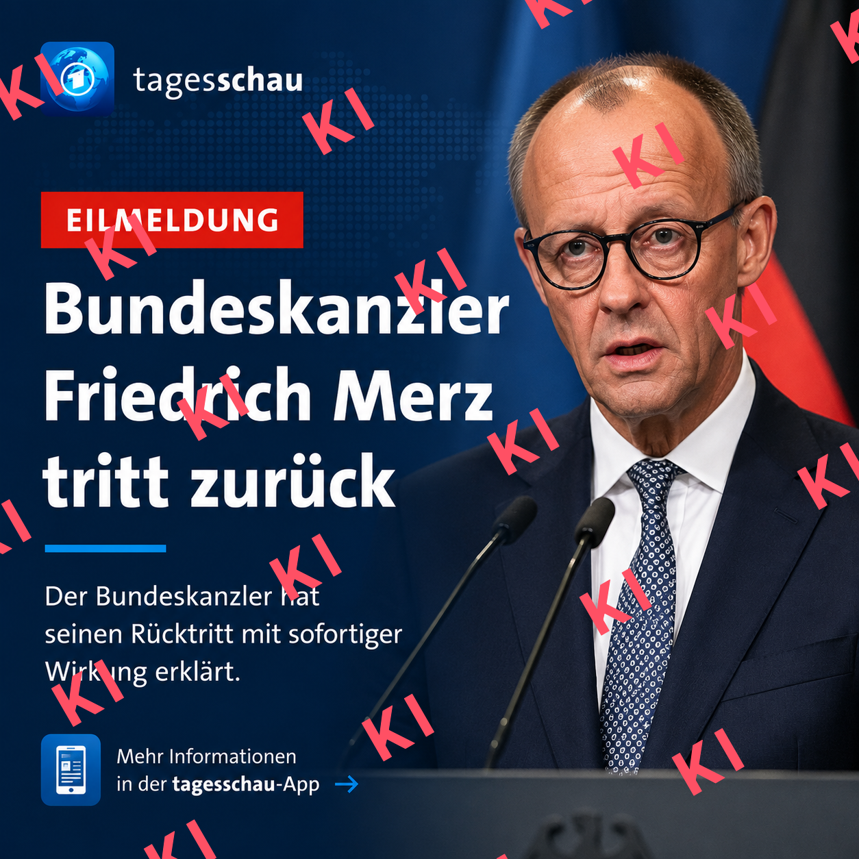 ChatGPT erstellte vermeintliche Tagesschau-Inhalte mit Falschbehauptungen mitsamt Logo und Verweis auf die App der Nachrichtensendung. Das KI-Wasserzeichen wurde von CORRECTIV nachträglich hinzugefügt. (Quelle: ChatGPT; Screenshot und Wasserzeichen: CORRECTIV)