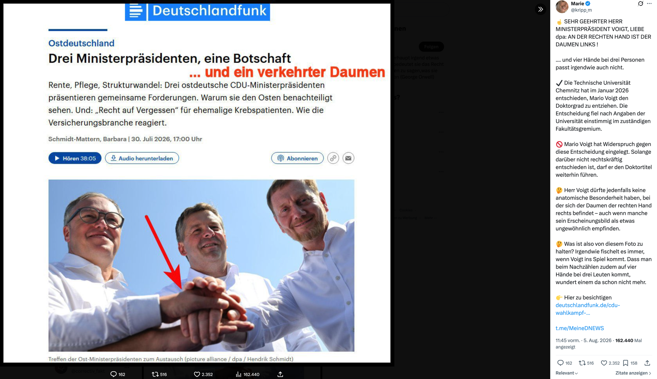 Auf X erreichte ein Beitrag zu dem Pressebild rund 162.000 Aufrufe