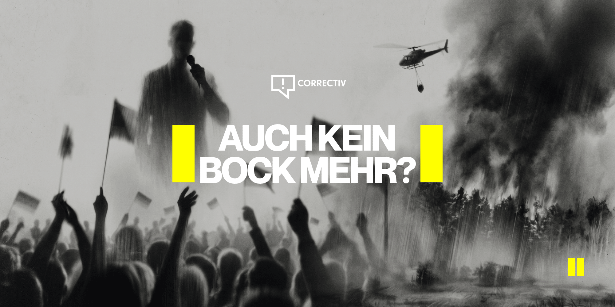 Schwarz-Weiß-Collage mit einem Politiker, einer Supporter-Gruppe mit Fahnen, einem Waldbrand und einem Löschhubschrauber. Text: „Auch kein Bock mehr? Lass uns machen.“