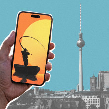 Der Gründer des russischen Telegram-Kanals Rybar ist für Kriegspropaganda von der EU sanktioniert. Dennoch beschäftigte er zwei Mitarbeiter, die seit Jahren in Berlin leben. Collage: Ivo Mayr / CORRECTIV, Fotos: unsplash.com & ki-generiert