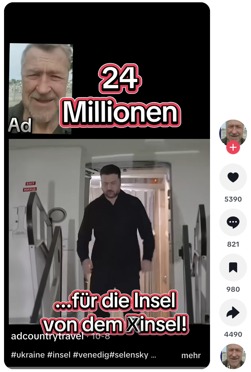 Dieses Tiktok-Video behauptet, Selesnkyj kaufe eine Luxusinsel bei Venedig (Quelle: Tiktok; Screenshot: CORRECTIV.Faktencheck).