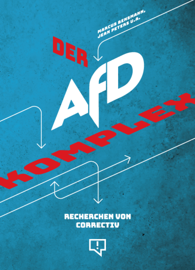 Das Buchcover von „Der AfD-Komplex“ Untertitel: „Recherchen von Correctiv“. Autoren: „Marcus Bensmann, Jean Peters u. a.“